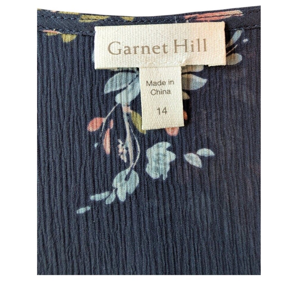 Garnet Hill | Floral Tiered Silk Dress | Size 14 | Navy Blue Multicolor Print - Picture 4 of 11